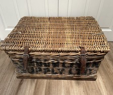 Antique Wicker Laundry Basket Extra Large Leather Straps Great Storage Box.