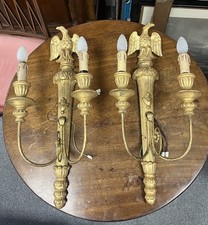 Large Pair of Antique French 2 Arm Giltwood Wall Lights / Sconces Eagle Carvings