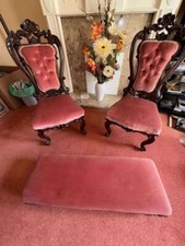 Pair of Victorian Carved Walnut Boudoir Chairs and Foot Stool c1850