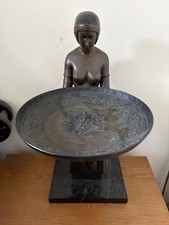 MICHAEL LE VERRIER BRONZE ART DECO FIGURAL, DISH OR CARD TRAY ON MARBLE SOCLE