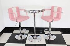 American 50s Diner Furniture Bistro Table with Two Pink Stools With Arms