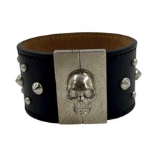 ALEXANDER MCQUEEN Black Leather Silver Studded Skull Closure Bracelet Cuff