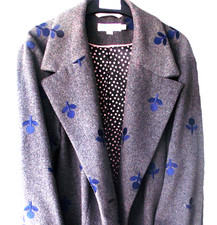BODEN Taupe grey Wool blend Coat 18 UK Navy floral embroidery with retro shape