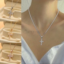 925 Sterling Silver Cross Cubic Zirconia Pendant Women Chain Necklace Jewellery