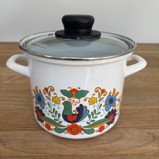 Vintage JMP Flowers Birds Dutch Oven Pot With Glass Lid Enamel 18cm