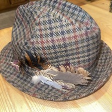 Dunn & Co Vintage Trilby Hat Tweed Plaid Check With Feathers - Size 7 