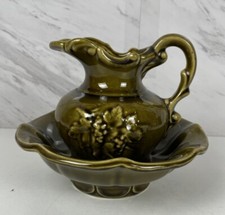 MCM Green McCoy Marked USA Pottery Water Pitcher with Wash Bowl Basin Glazed 