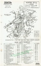 AUSTIN TEN (10hp) 1939-44 : ZENITH 30VM4 CARBURETTER SERVICE BULLETIN/PARTS LIST