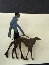 Vintage Vogue Art Deco Lady Walking Borzoi Dog Brooch Pin