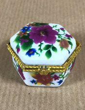 Vintage Hexagonal Flowered Bone China Pill Box Floral Trinket Box