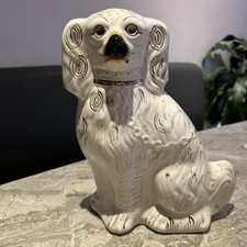 Antique Staffordshire King Charles Spaniel Dog  White/gold Detail 9.5” 