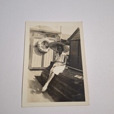 Vintage Photograph Woman Parasol Bathing Hut Barbers Summer Dress 