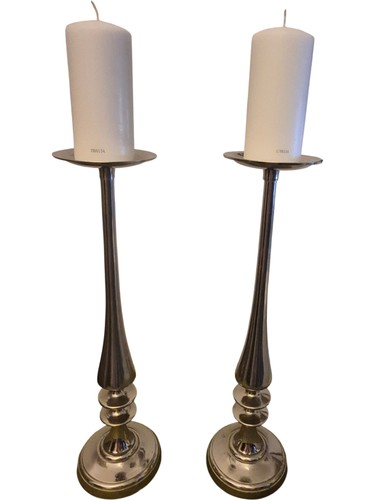 Pair silver metal candlesticks - silver,