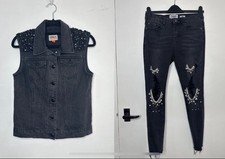 Women 2-Piece Black Embellished Denim Set (Pants + Vest) – Size UK 10 / EU 38 