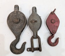 3 x vintage single cable rope pulley blocks