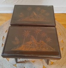 PAIR VINTAGE ORIENTAL SIDE TABLES - CARVED TOPS - DANSETTE LEGS - GLASS TOPS