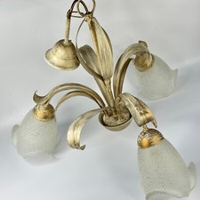 Vintage French 3 Arm Metal Gold Toleware Light With 3 Large & Heavy Glass Shades