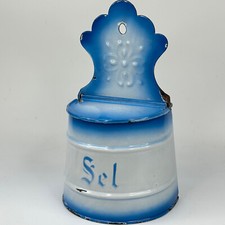 Antique French Kitchen Wall Mounted White & Blue Enamel Salt Container