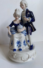 Musical Box Vintage Figurine Blue & White Regency Couple Plays & Turns SEE VIDEO