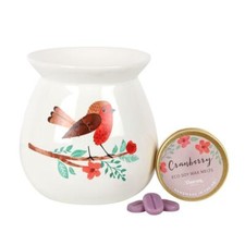 Oil Burner Wax Warmer Garden Robin, with Cranberry Wax Melts Aromatherapy White