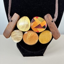 One Button Wood & Resin Mix Boho Necklace Yellow & Orange Multi on Cord Bohemian