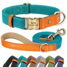 Personalised Nylon Dog Collar and Lead Set Adjustable Engraved Pet Collars Leash