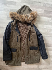 Vera&lucy leather effect sleeves khaki military parka Jacket / coat size Large