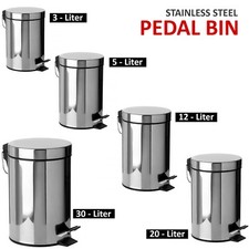 STAINLESS STEEL SILVER KITCHEN BATHROOM TOILET RUBBISH PEDAL BIN 3 5 12 20 & 30L