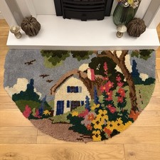 Vintage Half Moon Latch Hook Wool Rug Cottage Roses Garden Hand Made Fireplace