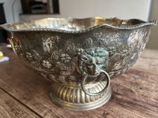 Antique Silver on Copper Punch Bowl  with Floral Decor & Lion Rings