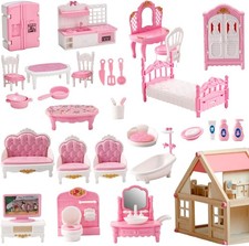 32 Pcs Pink Dolls House Furniture Set, Miniature 1:12 Scale Wooden Dollhouse Ac