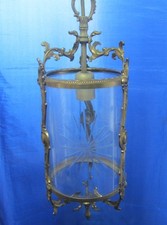 Vintage French Cylindrical Brass Etched Glass Porch Hall Lantern Vestibule Light