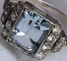 Diamond Cluster Aquamarine Art Deco Cocktail Plaque Dress Engagement Ring Size N