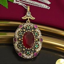 Ruby Emerald Crystal Sterling Silver Pendant Necklace – Vintage Style Pendant