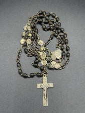 Antique 1920s Rosary Beads Necklace Black Silver Tone Crucifix