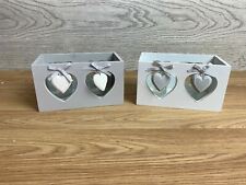 Set of 2 Wooden Tea Light Candle Holders Heart Cutout White Grey Shabby Chic