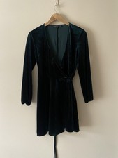 Zara Small Green Crushed Velvet Midi Dress Short Long Sleeve Size S
