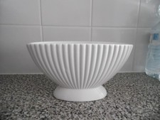 white ceramic vintage style slim shelf vase ridged body scalloped edge 8" long