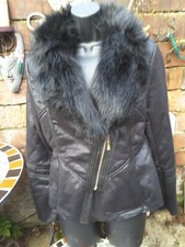 Black Faux Leather Fur Collar Biker Style Jacket Sz UK 10 ☆plush fauxfur lined ☆