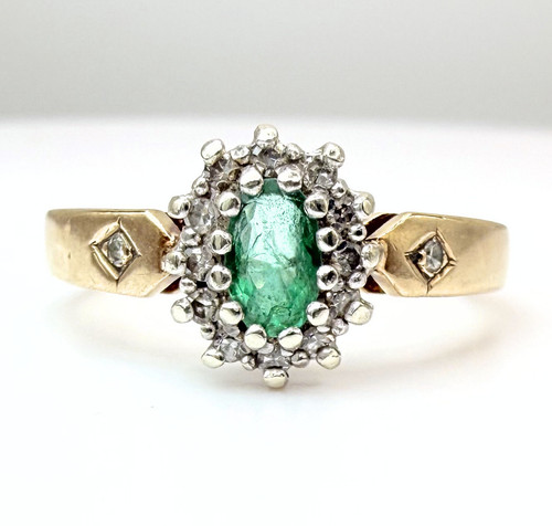 9ct gold emerald diamond halo - 9ct,