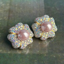 JOAN RIVERS AB Rhinestone Crystal Gold Tone Faux Pearl Statement Earrings Large