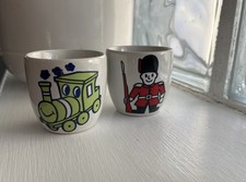 Vintage Children's Egg Cups Pair - White with train or Soldier - English.