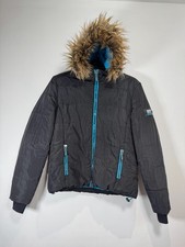 Superdry Polar Sports Jacket Womens XL Black Blue Faux Fur Hood Winter Warm Coat