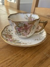 Antique Bone China Tea Cup & Saucer Gold Handle Floral 4 Pronged   back Stamp