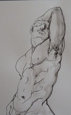 Original Art Pen & Ink Life Drawing of a Muscular Nude Male on Watercolour Paper