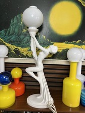 VINTAGE BHS EX large ART DECO LADY LAMP,  WHITE CERAMIC GLASS GLOBE 1980S RETRO