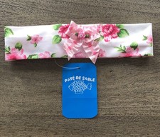 Pate De Sable French Designer White & Pink Rose Print Stretch Headband BNWT