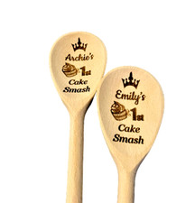 Personalised Named Engraved Wooden Cake Smash Spoon Babies Baby 1st Birthday