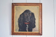Antique Oil Painting Black Spaniel Dog Signed Framed Original Artwork Vintage