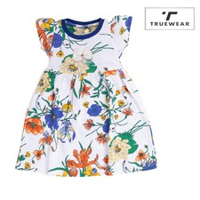 Girl's White Floral "Bow" Graphic Frock – 100% Cotton, Soft & Stylish